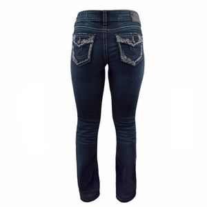 Silver Suki Mid slim boot dark wash embroidered flap pocket studs size 29